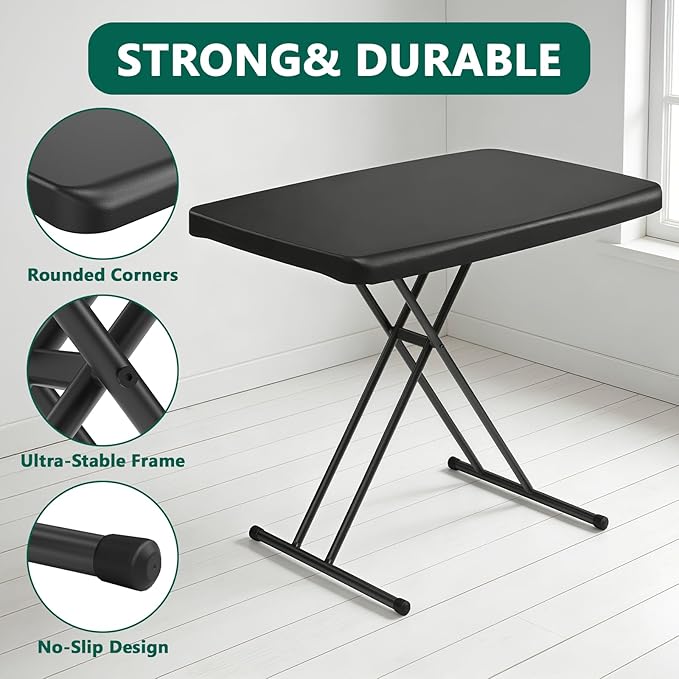 30in Folding Table, Portable Picnic Table with Adjustable Height, Foldable TV Tray Table & Laptop Desk for Small Spaces, Patio, Camping, BBQ, No Assembly Needed, Black
