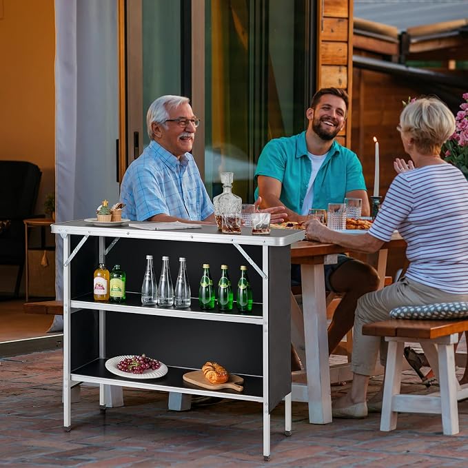 GIANTEX Portable Bar Table for Events, Folding Mobile Bartending Station with Storage Shelves, Removable Privacy Skirt, Carrying Case, for Parties, Catering, Trade Shows (Black, 43.5''L x 34.5''H)