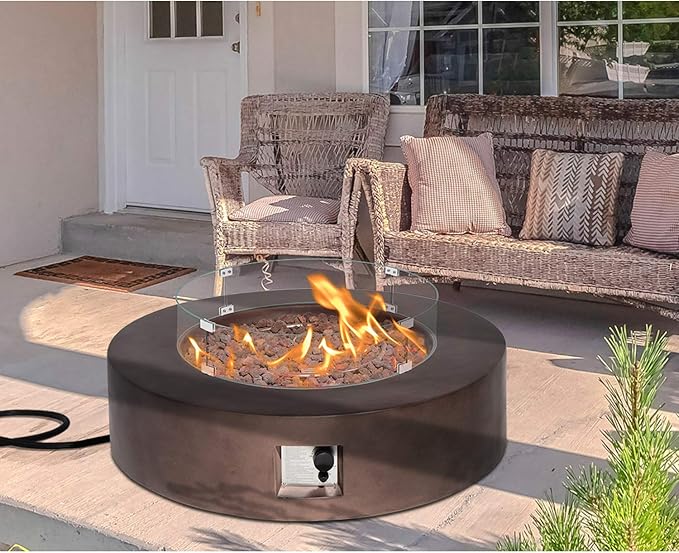 HOMPUS 42" Propane Patio Fire Pit Table with Wind Guard,CSA Certified,Lava Rocks and Rain Cover for Outdoor Party,50000 BTU Round Bronze Concrete Fire Table