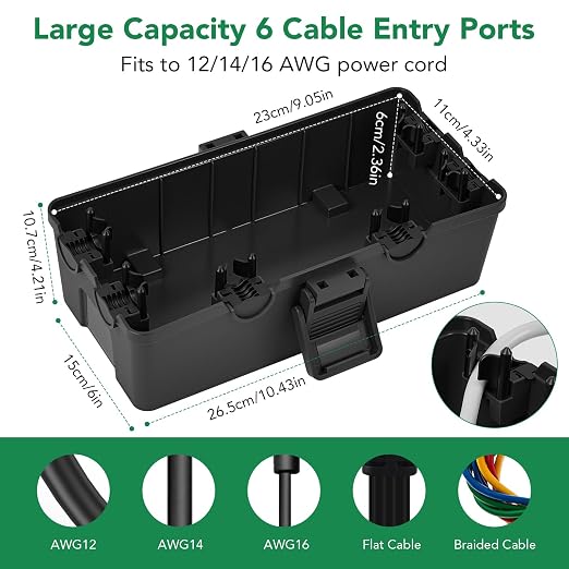 Medium Outdoor Electrical Box(10.4x6x4.2inch), IP54 Waterproof, Weatherproof Connection Box w/6 Cable Entry Ports, Extension Cord Cover Protect Power Strip, String Lights, Timer, Plug, Black