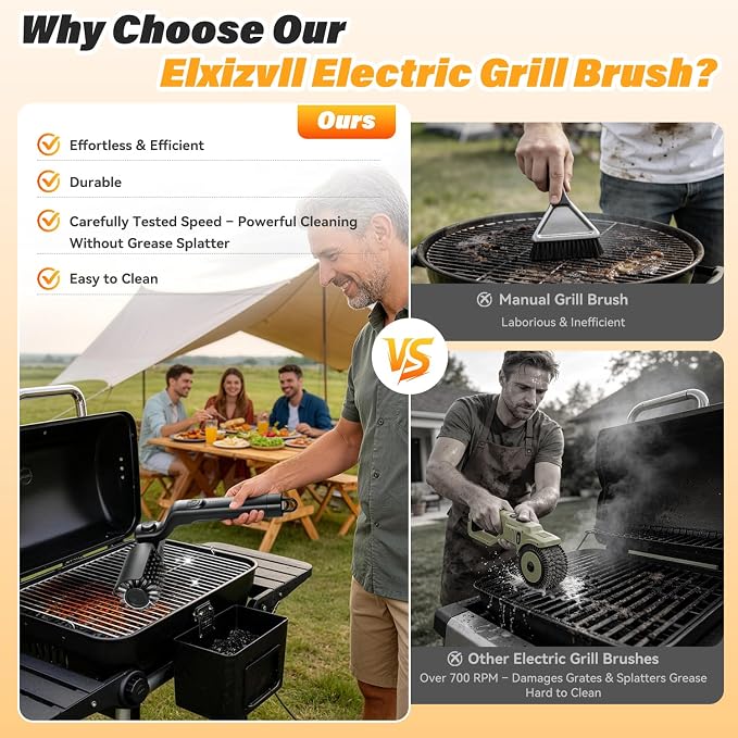 Electric Grill Brush for Outdoor Grill - Cordless Rechargeable Grill Cleaner with 180-Min Runtime, 3 Speeds, 545°F Heat Resistant, 180° Adjustable Angle, 2-in-1 Heavy-Duty BBQ Cleaning Kit