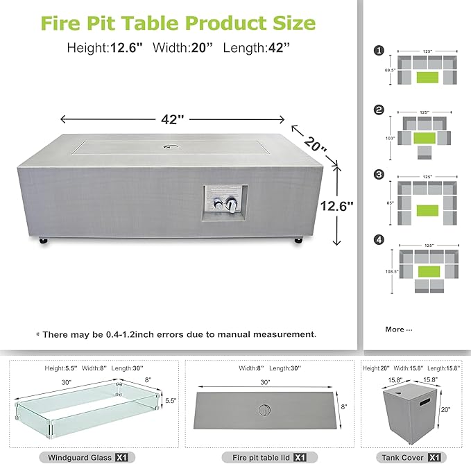 SUNPEAK 42" Rectangular Propane Fire Pit table, 50,000 BTU Fireplace Table with Wind Guard Glass, Lid, Rocks and Cover, Outdoor Fire Pit for Deck or Patio, Fogata para Patio (Light Grey, 42" Standard)