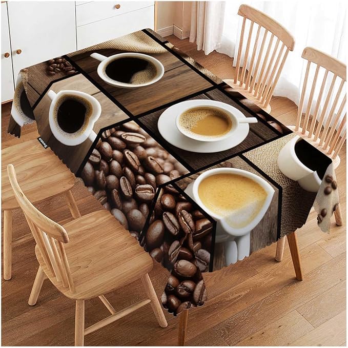 Swono Tablecloth Coffee Collage, Black Coffee Mugs Beans On Wooden Table Table Cloth for Kitchen Dining Tabletop Decoration Parties Weddings, 52 X 70 Inch Rectangle Tablecloth