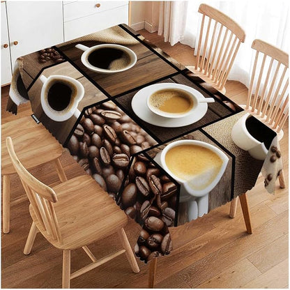 Swono Tablecloth Coffee Collage, Black Coffee Mugs Beans On Wooden Table Table Cloth for Kitchen Dining Tabletop Decoration Parties Weddings, 52 X 70 Inch Rectangle Tablecloth