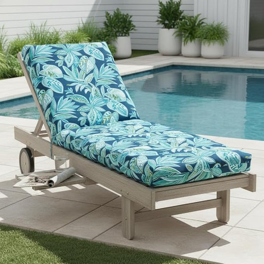 Modern Outdoor Chaise Lounge Cushion with Ties – Durable Polyester Fabric, Channel-Filled Polyfiber Insert, Removable Zippered Cover, Botanical Crestwood