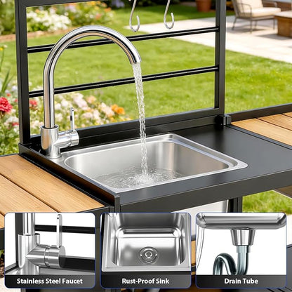 LEVELEVE Modular Outdoor Kitchen Island 4-Piece Set, Aluminum Outdoor Prep Station Grill Cart with Independent Sink, Storage Cabinets & Shelves for Backyard Patio Deck