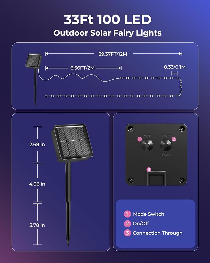 Solar String Lights for Outside, 33Ft 100 LED Solar Fairy Lights Multicolor | IP65 Waterproof Solar Twinkle Lights Outdoor & Indoor, Patio Lights for Tree Garden Christmas Party Wedding Decoration