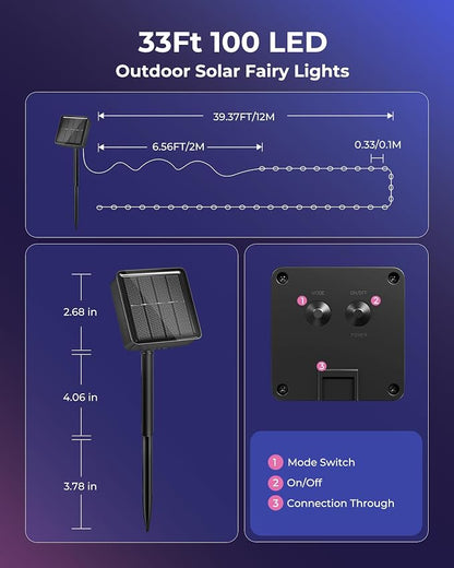 Solar String Lights for Outside, 33Ft 100 LED Solar Fairy Lights Multicolor | IP65 Waterproof Solar Twinkle Lights Outdoor & Indoor, Patio Lights for Tree Garden Christmas Party Wedding Decoration