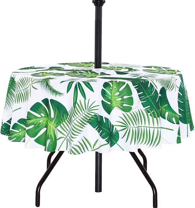 Poise3EHome Round Outdoor Tablecloth with Umbrella Hole and Zipper,Palm Leaf 70 Inch,Polyester SpillProof Washable Table Cloth for Spring Summer Patio Garden Poolside Picnic Camping BBQS
