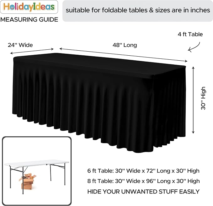 2 Pack Black Spandex Table Covers 4ft Rectangle Ruffle Skirts for Party | Elastic Table Covers 4 Foot, Pleated Fitted Table Cloths, Wrinkle Resistant Elegant Table Skirts Wedding, Banquets