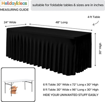 2 Pack Black Spandex Table Covers 4ft Rectangle Ruffle Skirts for Party | Elastic Table Covers 4 Foot, Pleated Fitted Table Cloths, Wrinkle Resistant Elegant Table Skirts Wedding, Banquets