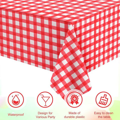 6 Pcs Red Gingham Tablecloths, Checkered Party Table Covers 54x108 Inch | Red and White Checkered Tablecloths, Disposable Plastic Waterproof for Hot Dog Party Picnic Camping Barbecue Birthday Party