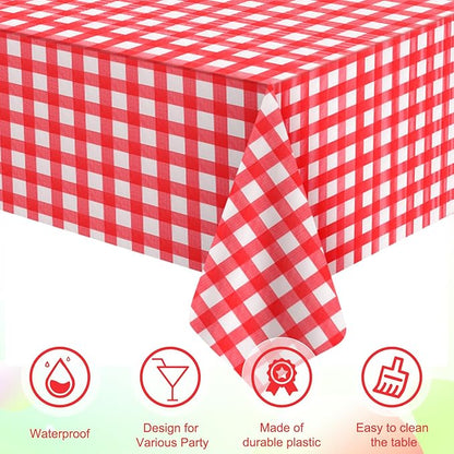 3 Pcs Red Gingham Tablecloths, Checkered Party Table Covers 54x108 Inch | Red and White Checkered Tablecloths, Disposable Plastic Waterproof for Hot Dog Party Picnic Camping Barbecue Birthday Party