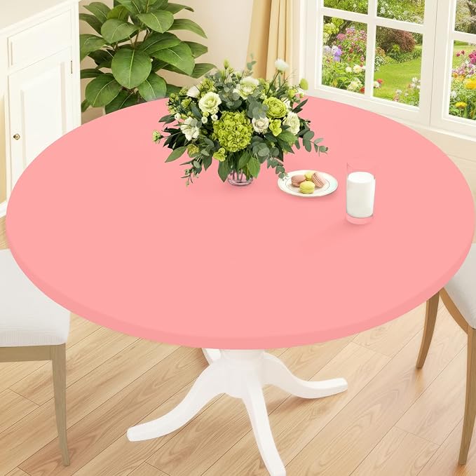 Smiry Round Spandex Tablecloth, Waterpoof Stretch Picnic Table Cover for 57"-68" Tables, Elastic Fitted Washable Tablecloths Dining, Indoor and Outdoor, Coral Red