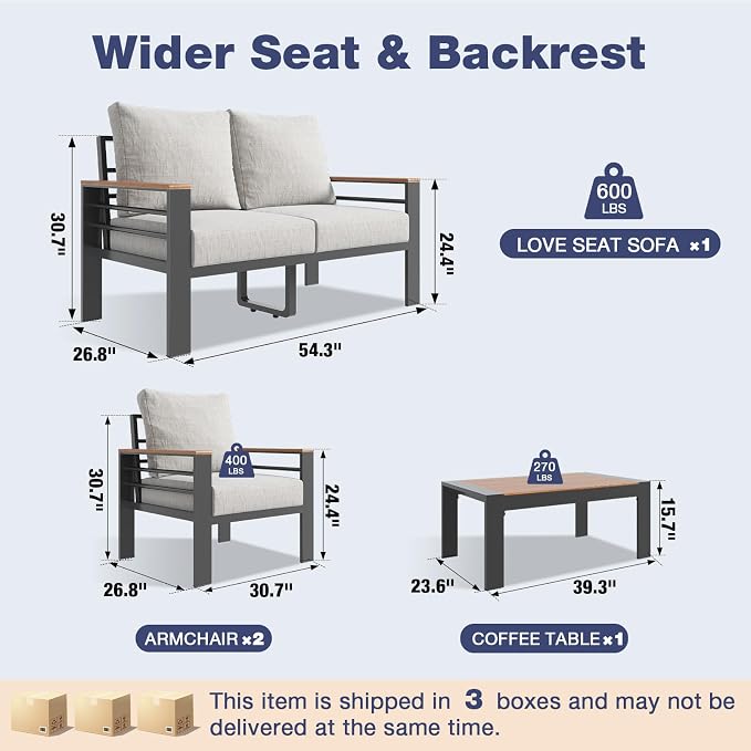 Aoxun Aluminum Patio Furniture Set 4 Seats, Oversized Outdoor Sectional with Washable Thick Cushions, Coffee Table, Patio Conversation Sets for Porch, Balcony, Deck