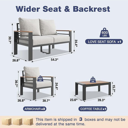 Aoxun Aluminum Patio Furniture Set with Umbrella 4 Seats, Oversized Outdoor Sectional with Washable Thick Cushions, Coffee Table, Patio Conversation Sets for Porch, Balcony, Deck