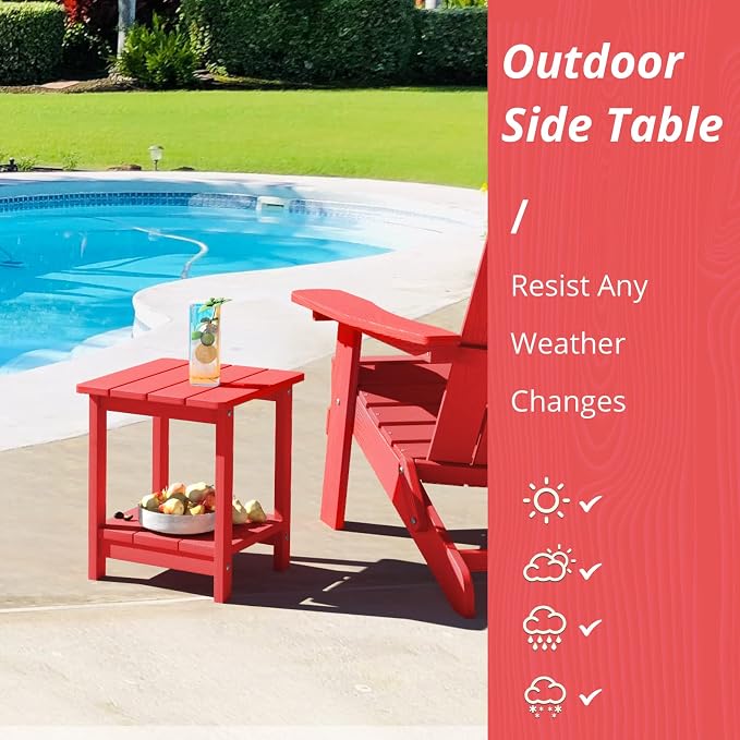 LUE BONA Outdoor Side Table, 2-Tier HDPS Small Patio Table, Bright Red | 2-Tier Shelf for Extra Storage, Small End Table for Pool, Porch, Balcony, Weather Resistant HDPS, Easy Clean