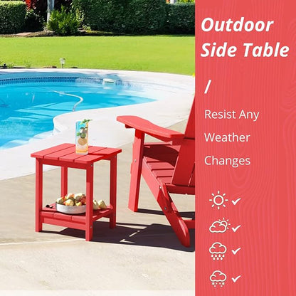 LUE BONA Outdoor Side Table, 2-Tier HDPS Small Patio Table, Bright Red | 2-Tier Shelf for Extra Storage, Small End Table for Pool, Porch, Balcony, Weather Resistant HDPS, Easy Clean