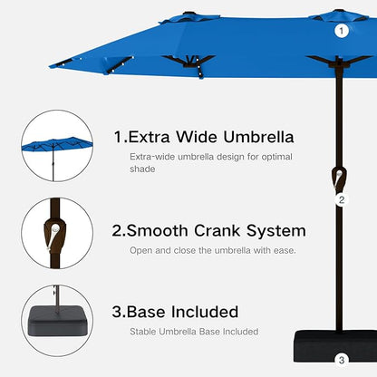 Kingdura 15ft Large Patio Umbrella with Solar Lights, Double-Sided Rectangle Outdoor Table Umbrella with Base Included, 12 Reinforced Ribs, 48 Led Lights, Crank Lift for Market Pool Deck, Royal blue