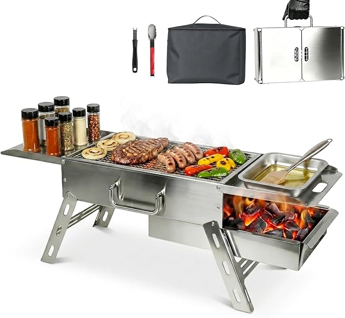 Portable Tabletop Charcoal Grill, Foldable Stainless Steel Mini BBQ Grill with Carry Bag, Lightweight Small Camping Picnic Travel Tailgating Patio Grill