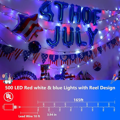 YEGUO 500 LED Red White and Blue String Lights Outdoor 4th of July Decorations - 165ft Patriotic Lights Plug in with 8 Modes for Memorial Independence Day Decor