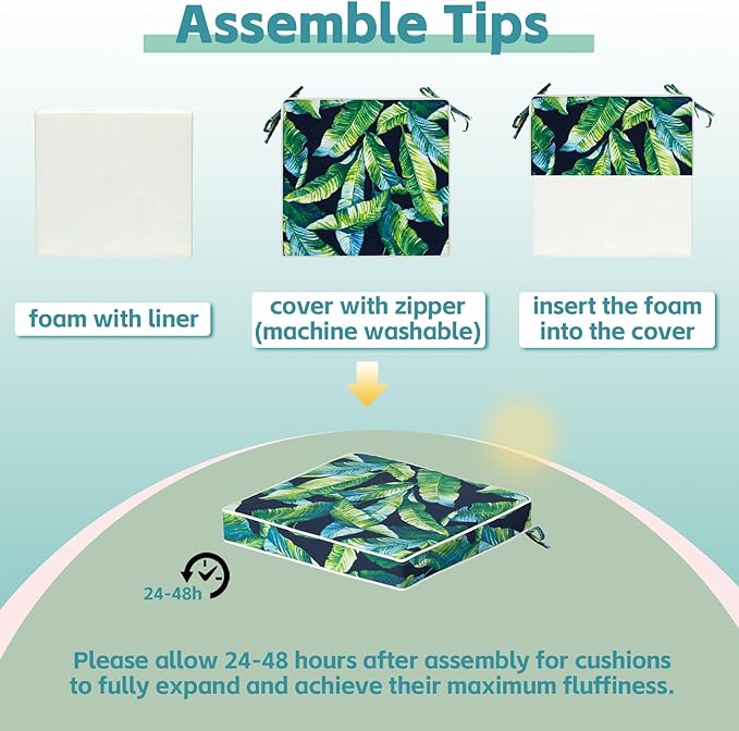 COZYVIDA Outdoor Chair Cushions Set of 4, 20"x20" Square Seat Pads with Tie Straps and YKK Zippers, 30D High-Density Foam, Water-Resistant Fabric,UV-Resistant 1000+ Hrs