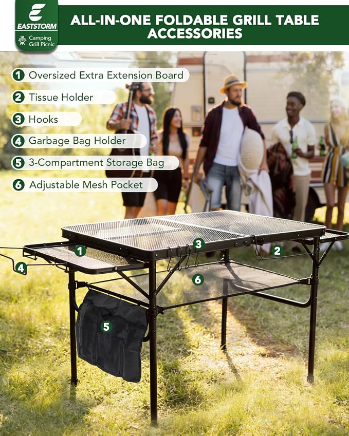3 Ft Camping Table Foldable, Metal Mesh Grill Table with Side Wing Panels | Black Finish, 2 Adjustable Heights, Storage Net, Paper Towel Holder, Hooks and Trash-Bag Rack for Camping, BBQ and Picnics