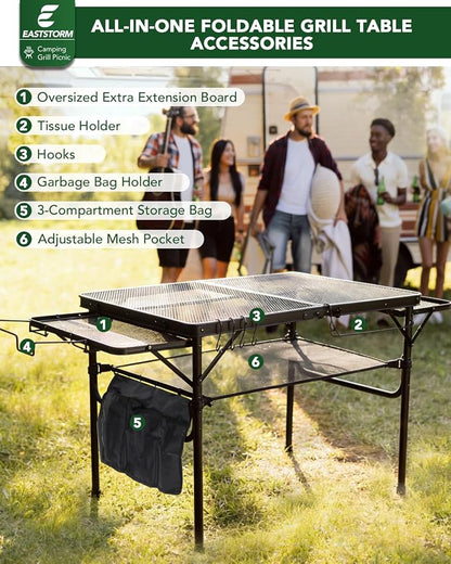 3 Ft Camping Table Foldable, Metal Mesh Grill Table with Side Wing Panels | Black Finish, 2 Adjustable Heights, Storage Net, Paper Towel Holder, Hooks and Trash-Bag Rack for Camping, BBQ and Picnics