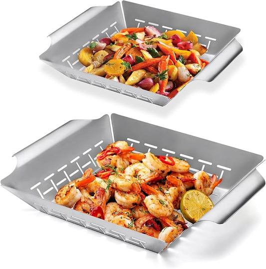 2 Pack Vegetables Grill Baskets for Veggies,Grill Basket for Outdoor Grill,Stainless Steel Grill Basket,Grilling Accessories for & Smokers,14"x12.5",white