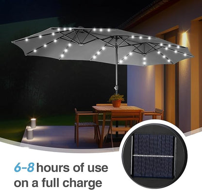 GREEN PARTY 15 ft Large Outdoor Patio Umbrella with Solar Led Lights & Base Included, Double-Sided Rectangular Table Umbrella with Stand, Market Umbrellas for Deck Poolside Garden Backyard, Smoky Gray