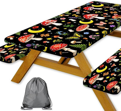 Picnic Table Cover with Bench Covers,Camping Essentials, Mushroom Floral Butterfly Waterproof Windproof Fitted Outdoor Tablecloth with Elastic Edge Rectangle Table for Indoor Outdoor, 3PCS, 30x96 Inch