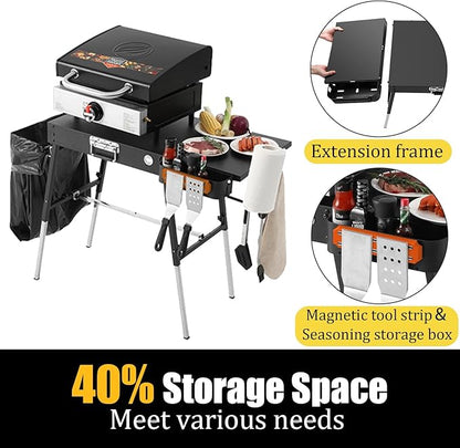 Portable Griddle Stand Compatible with Blackstone 17" or 22" Griddles - Folding Grill Table with Magnetic Tool Rack, Paper Towel Holder, Bottle Opener & Hooks for Outdoor Camping