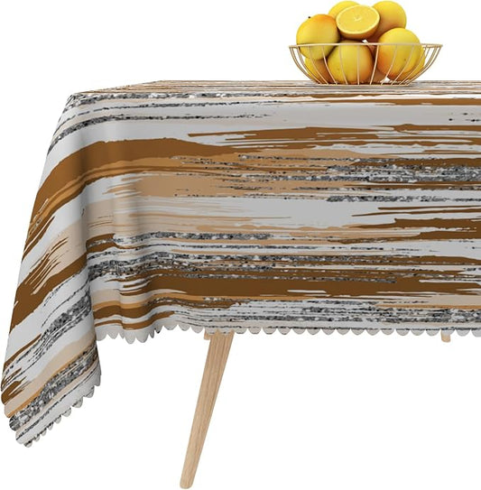 Abstract Striped Square Tablecloth 60x60 Inch Brown and White Old Texture Grunge Stripes Vintage Mosaic Dust-Proof Table Cover Protector for Home Kitchen Restaurant Picnic Camping BBQ