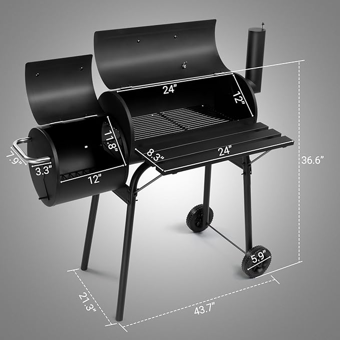 Outdoor BBQ Charcoal Grill, Portable Barrel Charcoal Grill for 6-10 People with Offset Smoker & Wheels for Patio Backyard Picnic Cooking Camping