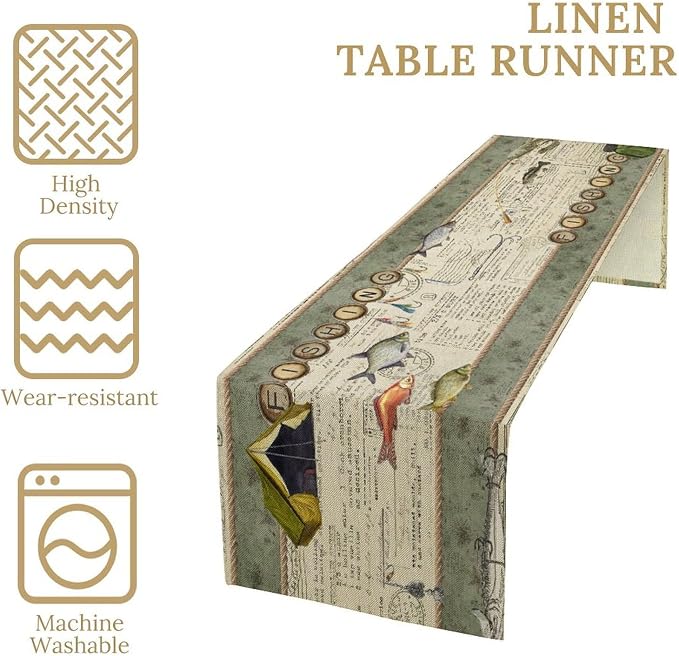 Retro Farmhouse Fishing Table Runner, Rustic Cabin Fish Country Vintage Decor Window Treatments Spring Ocean Kitchen Dining Table Decoration for Home Party Decor 13x36 Inch
