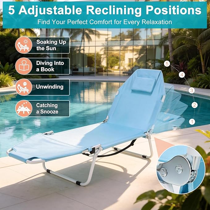 MOPHOTO Tanning Chair, 5-Position Sunbathing Lounge Chair with Face Hole, Folding Chaise Lounger for Pool Beach Patio