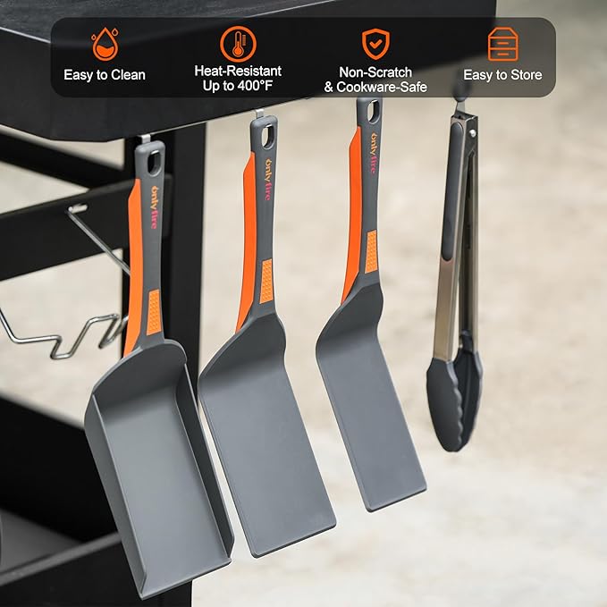 onlyfire 4PCS Non Stick Griddle Kits for Blackstone Grilling Utensil Set Barbecue Accessories Tool for Outdoor Camp Chef and Cooking Including Grill BBQ Spatulas, Griddle Scoop, Barbecue Tong