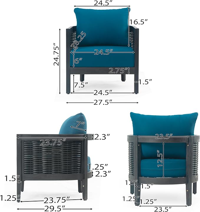 Christopher Knight Home Newine Acacia Wood Patio Accent Chair, Wooden Lounge Chair Outdoor, Wicker Club Chair with Removable Cushion, Comfy Reading Chair for Backyard/Garden/Balcony, Black+Dark Teal