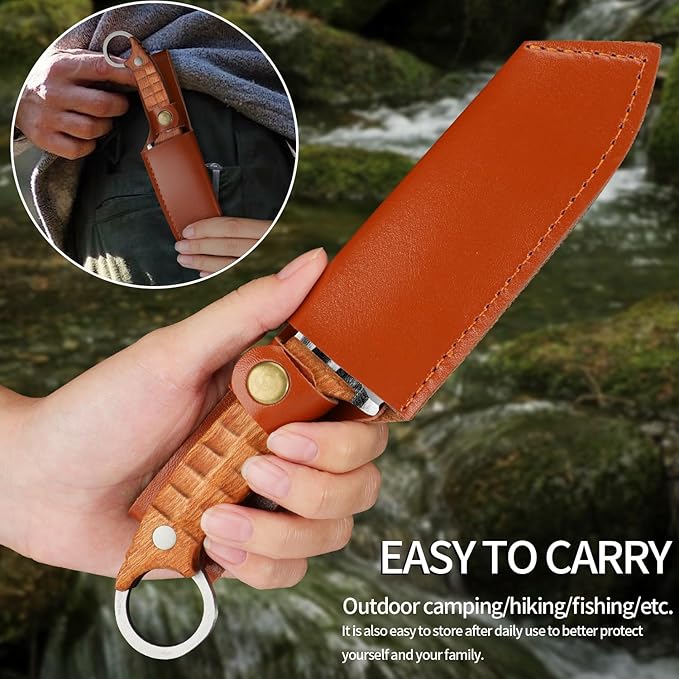 Plys Survival Knife 4” Full Tang Fixed Blade - Stainless Steel Hunting Camping Knife with Ergonomic Rosewood Handle & PU Leather Sheath for Outdoor Survival BBQ EDC