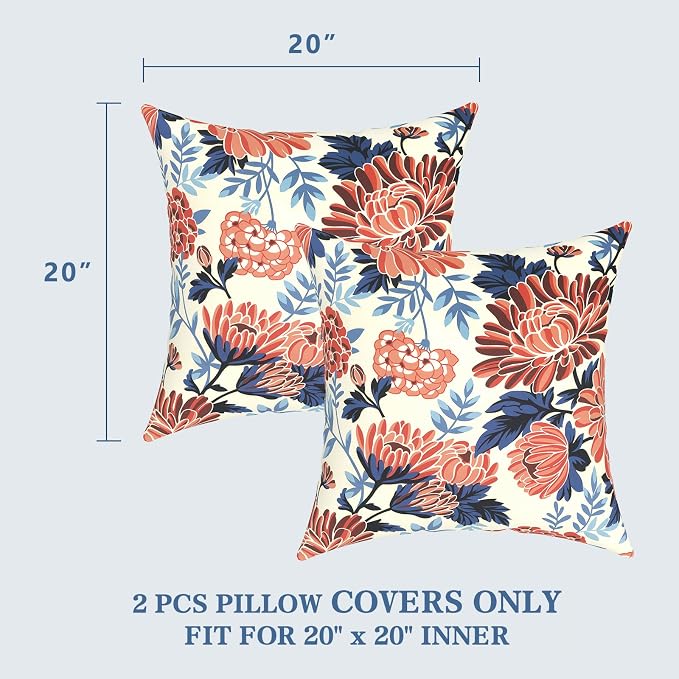 LVTXIII Outdoor Pillow Covers 20x20 Inch, 2 Pack Large Square Throw Pillow Cases, Fade-Resistant Cushion Covers for Patio Furniture Sofa, Garden Porch, Vibrant Blossom