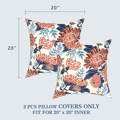 LVTXIII Outdoor Pillow Covers 20x20 Inch, 2 Pack Large Square Throw Pillow Cases, Fade-Resistant Cushion Covers for Patio Furniture Sofa, Garden Porch, Vibrant Blossom