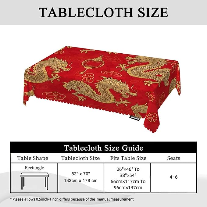 Swono Dragon Rectangle Tablecloth Traditional Flying Mascot Animal Chinese Dragons Red Table Cloth Dining Table Cover for Home Kitchen Restaurant Party Buffet Picnic, 52x70 Inch