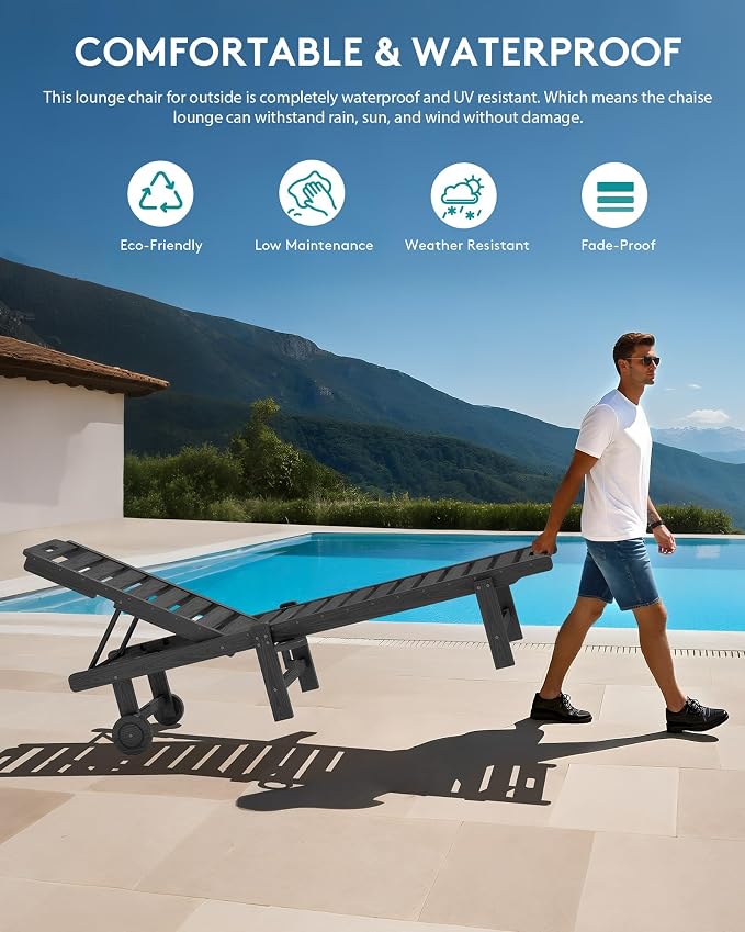 SERWALL HDPE Outdoor Chaise Lounge Set of 2 with Cup Holder & Wheels, Grey | Weather-resistant chaise lounge resists fading, with 5-level adjustable back, cup holder and wheels.