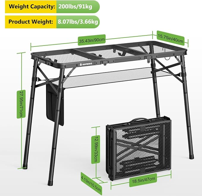 Raynesys Portable Folding Grill Table for Outside for Picnic, Camping | 3 Height Adjustable Small Camping Table with Mesh Bag, Metal Aluminum Folding Table, 35.43x15.75 inches, Black