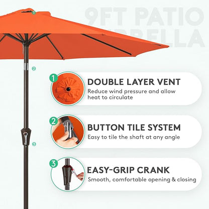 JEAREY Outdoor Patio Umbrella 9FT Outdoor Table Umbrella with Push Button Tilt and Crank, Market Umbrellas 8 Sturdy Ribs UV Protection Waterproof for Garden, Deck, Pool (Red Orange)