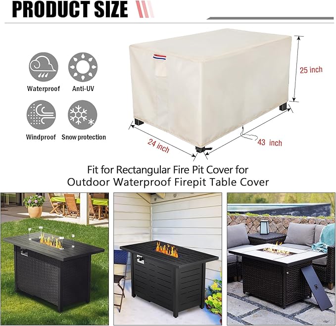 Fire Pit Cover Rectangular 43 Inch - Waterproof Outdoor Fire Table Cover Rectangle Heavy Duty, 600D Patio Propane Gas Firepit Cover Rectangular Tear Weather Resistant - 43 x 24 x 25 Inch Beige