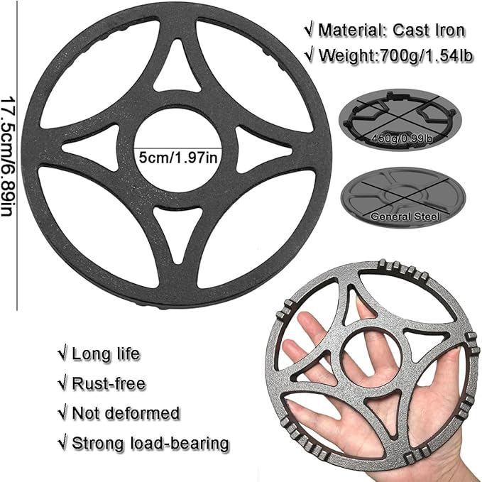 Non Slip Gas Ring Reducer, 6.9 Inch Cast Iron Wok Support Ring, Burner Grate for Moka Pot Butter Warmer Small Saucepan Compatible with Most Gas Stove Range Cooktop (Black)