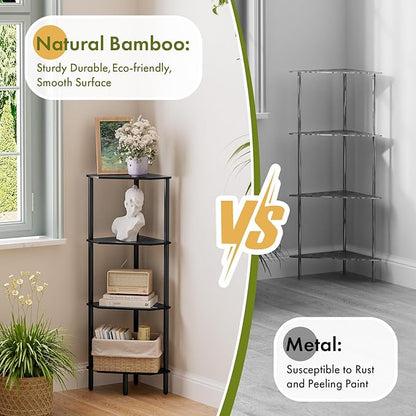 Corner Shelf Stand, 4 Tier Corner Bookshelf, Bamboo Storage Standing Shelf Unit, Tall Storage Plant Stand,Bookcase for Living Room, Home Office, Bedroom, Kitchen, Black