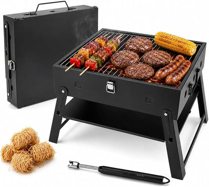 Portable BBQ Charcoal Camping Grill: Tabletop Folding Barbecue Grills | with Fire Starter Kit for Outdoor Cooking, Fathers Day Birthday Grilling Gift for Men Dad Husband