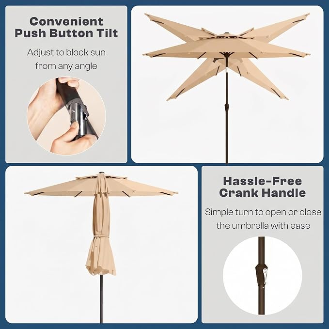 10FT Outdoor Patio Umbrella, 2 Tiers Market Table Umbrella with 8 Sturdy Ribs, Push Button Tilt and Crank, UPF50+ UV Protection for Deck, Pool, Garden and Backyard